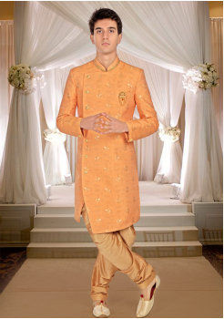 Orange With Gold Color Art Silk Fabric Indo Western